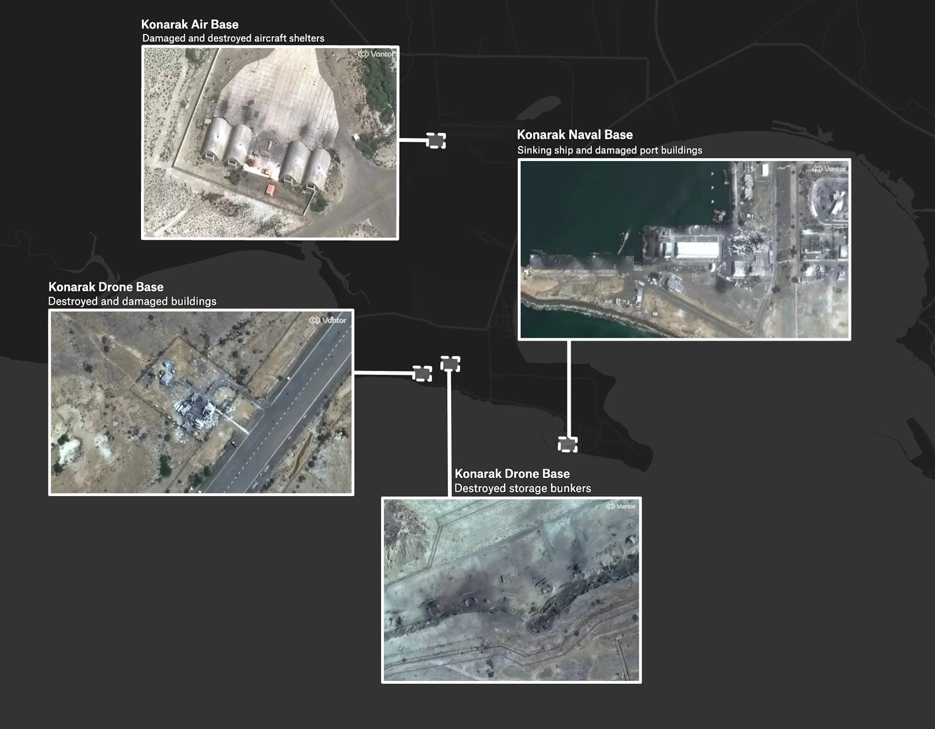Map of Iranian air bases targeted on Day 25 — Bandar Abbas, Ahvaz, Omidiyeh, Dezful, Hamadan; 70+ aircraft destroyed across all five bases