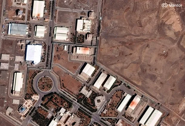 Natanz satellite image before Phase 3 — Phase 1 struck the main facility; Phase 3 targets Fordow secondary caverns where Iran relocated centrifuges